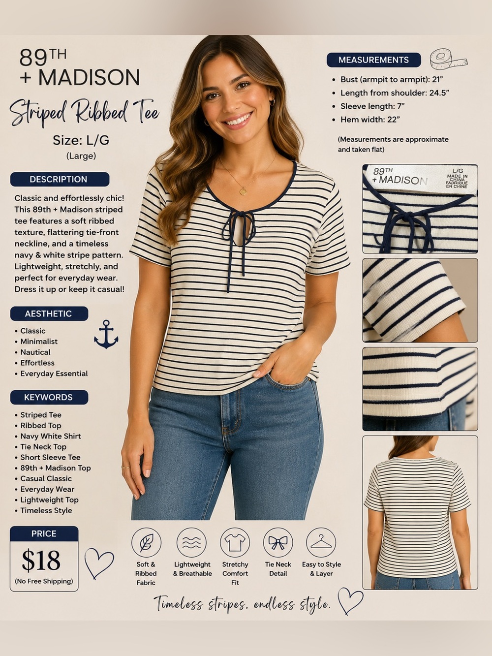 Madison Navy Striped Tie-Neck Short Sleeve Top